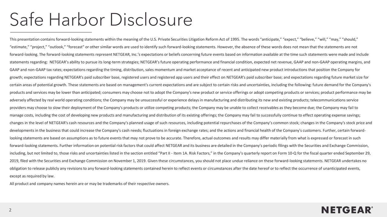 Safe Harbor Disclosure