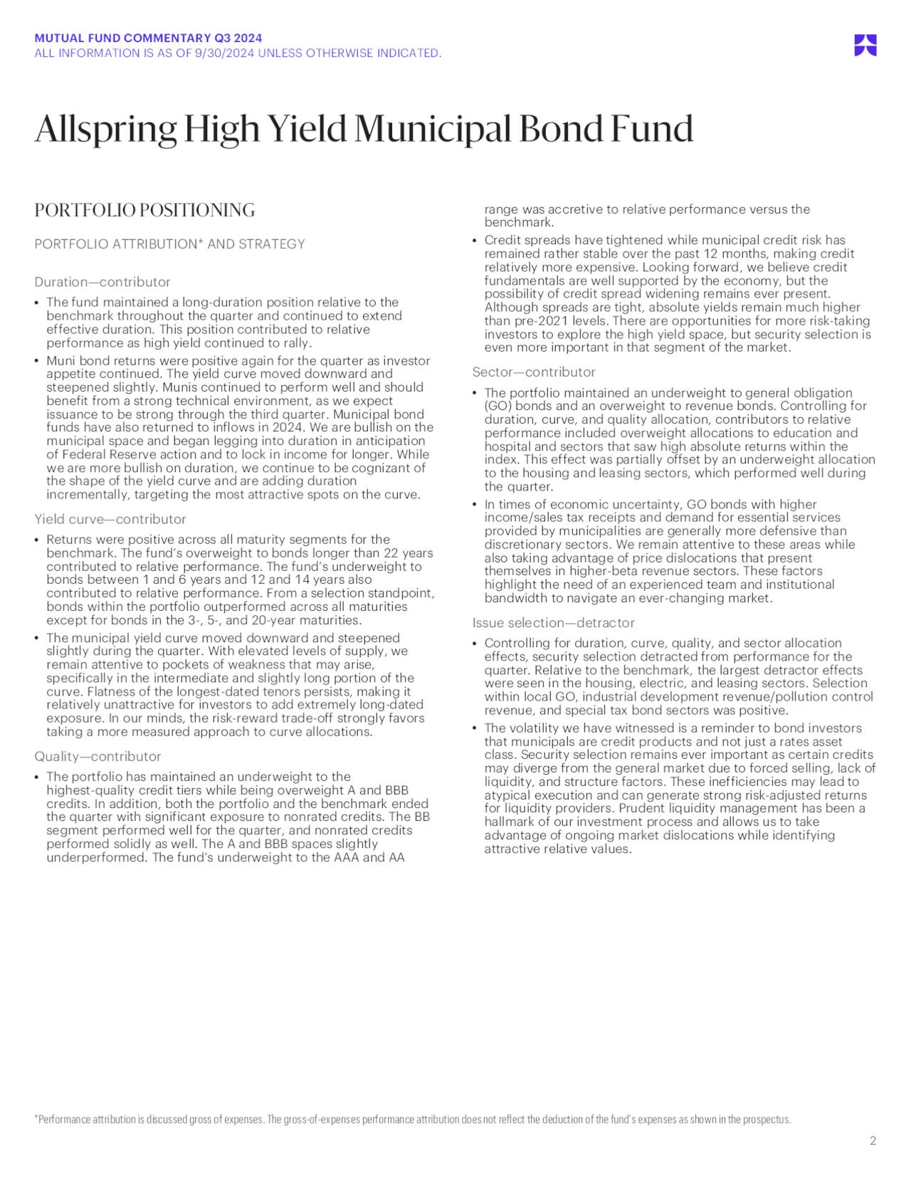 Allspring High Yield Municipal Bond Fund Q3 2024 Commentary (undefined