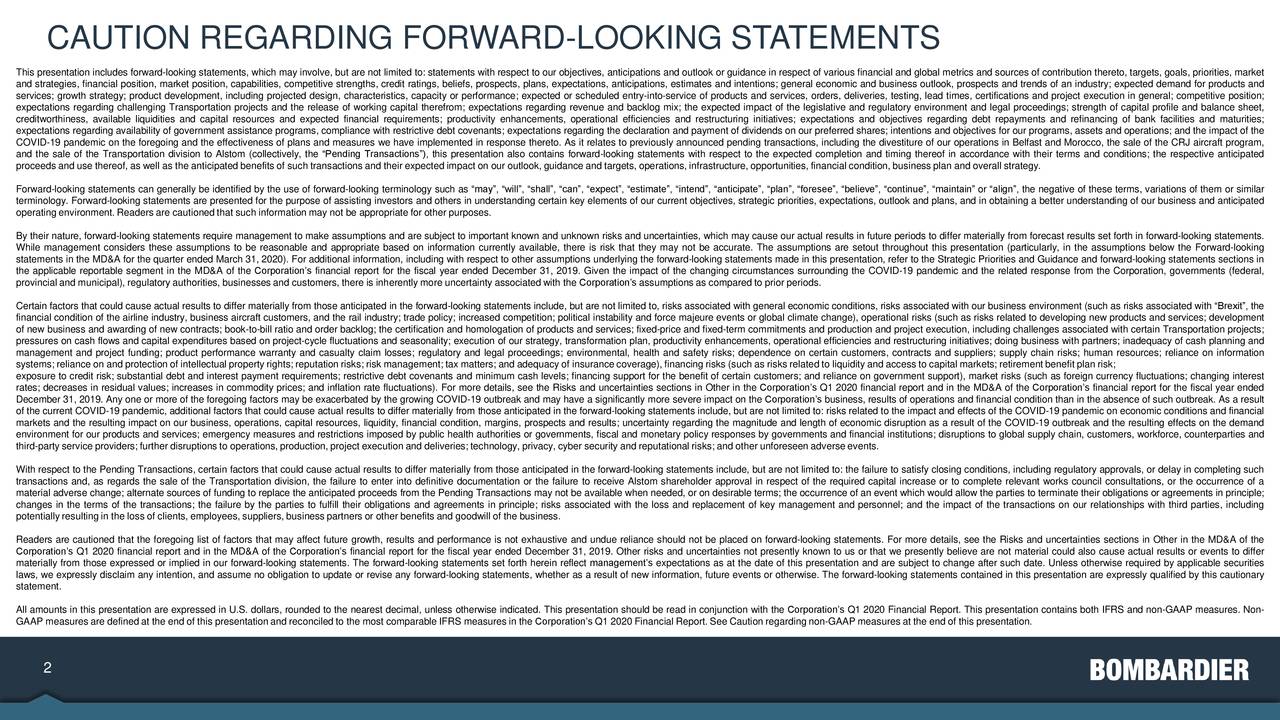 Bombardier Inc.B 2020 Q1 Results Earnings Call Presentation (OTCMKTSBDRBF) Seeking Alpha