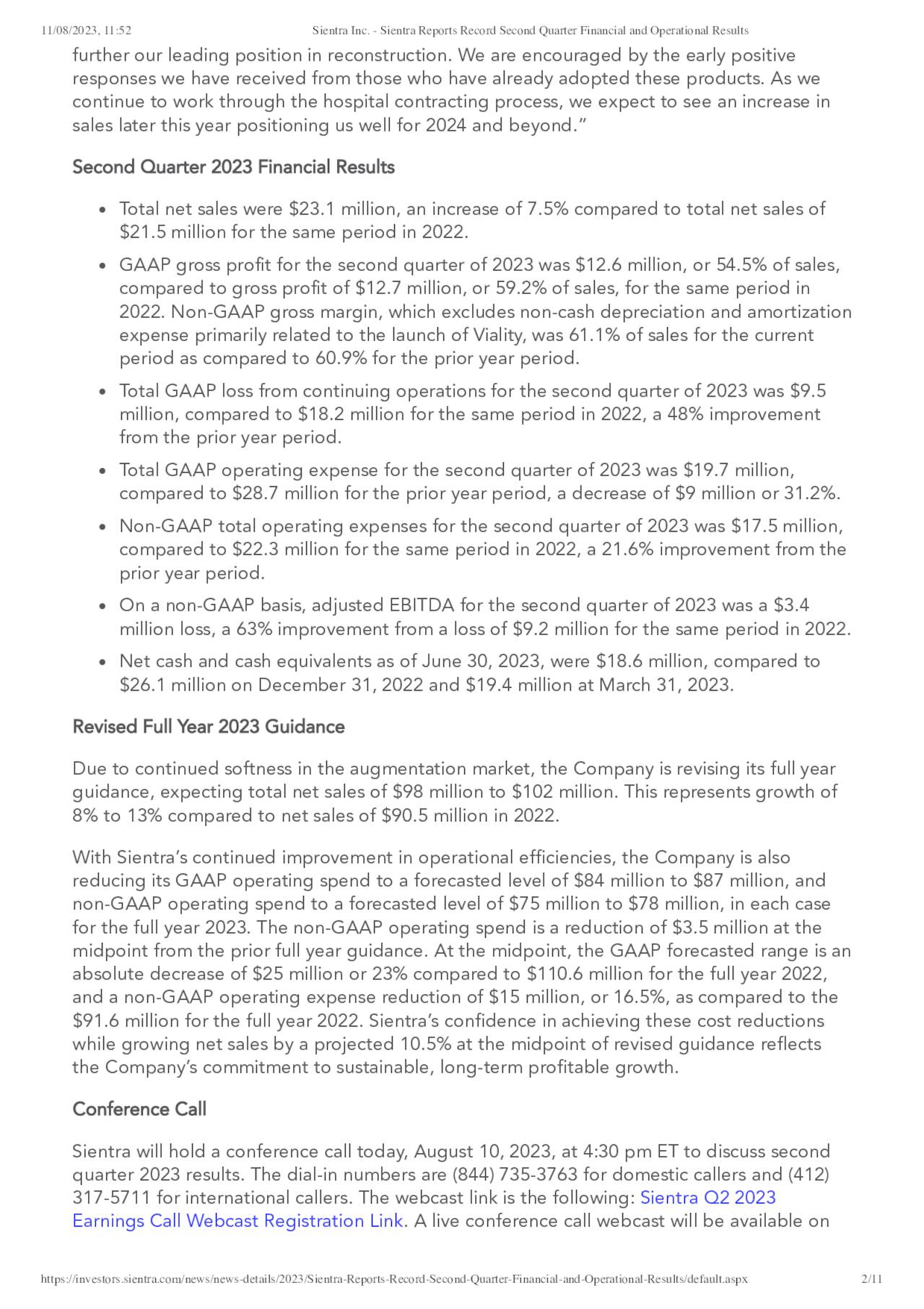 11/08/2023, 11:52                 Sientra Inc. - Sientra Reports Record Second Quarter Financial and Operational Results