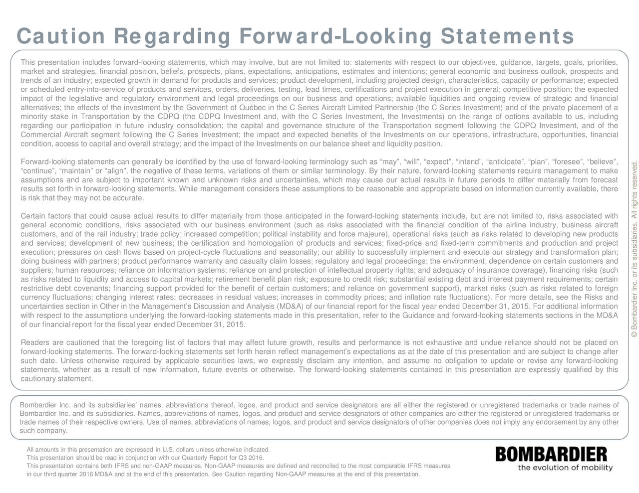 Bombardier Inc.B 2016 Q3 Results Earnings Call Slides (OTCMKTS