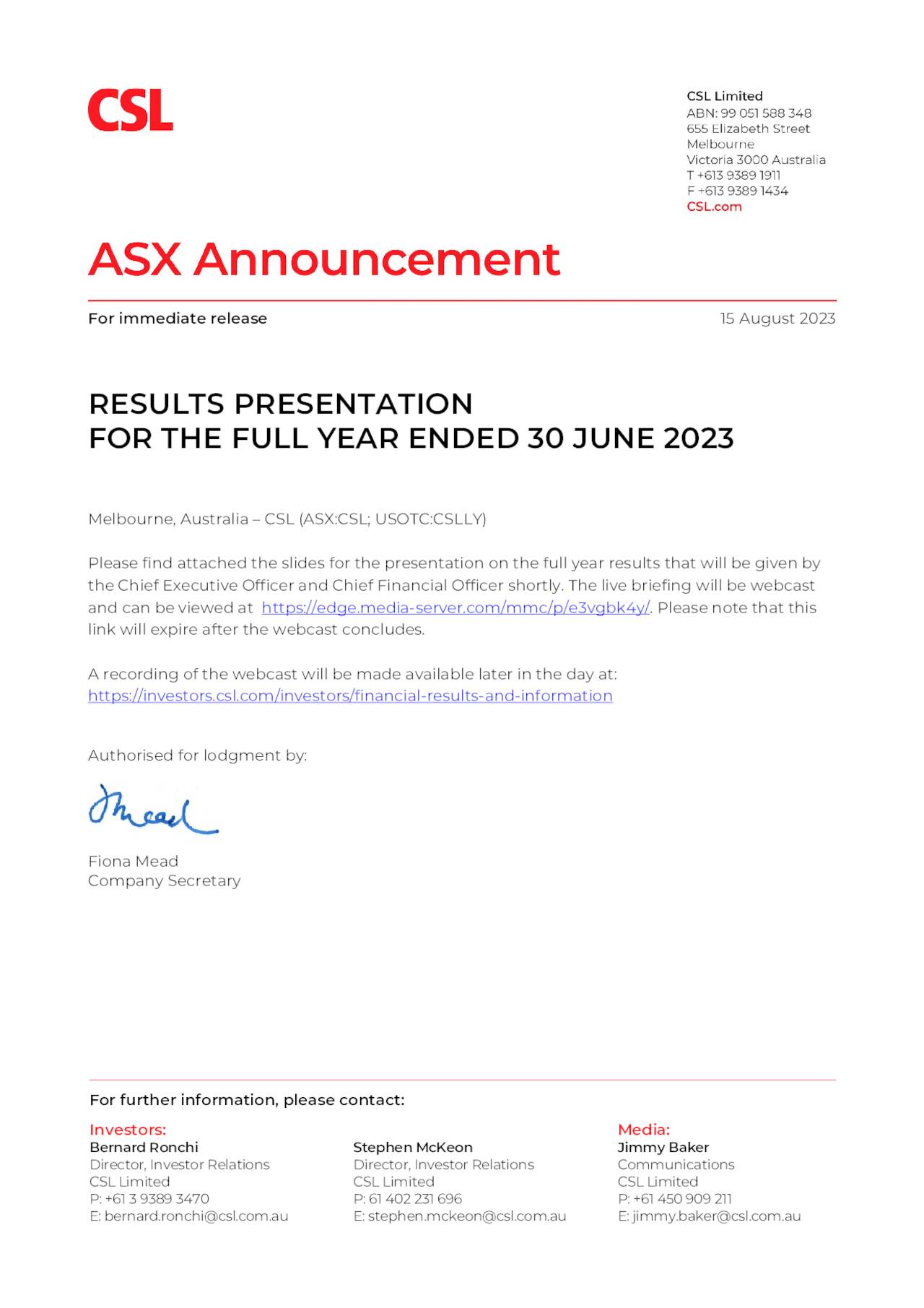 For immediate release 15 August 2023