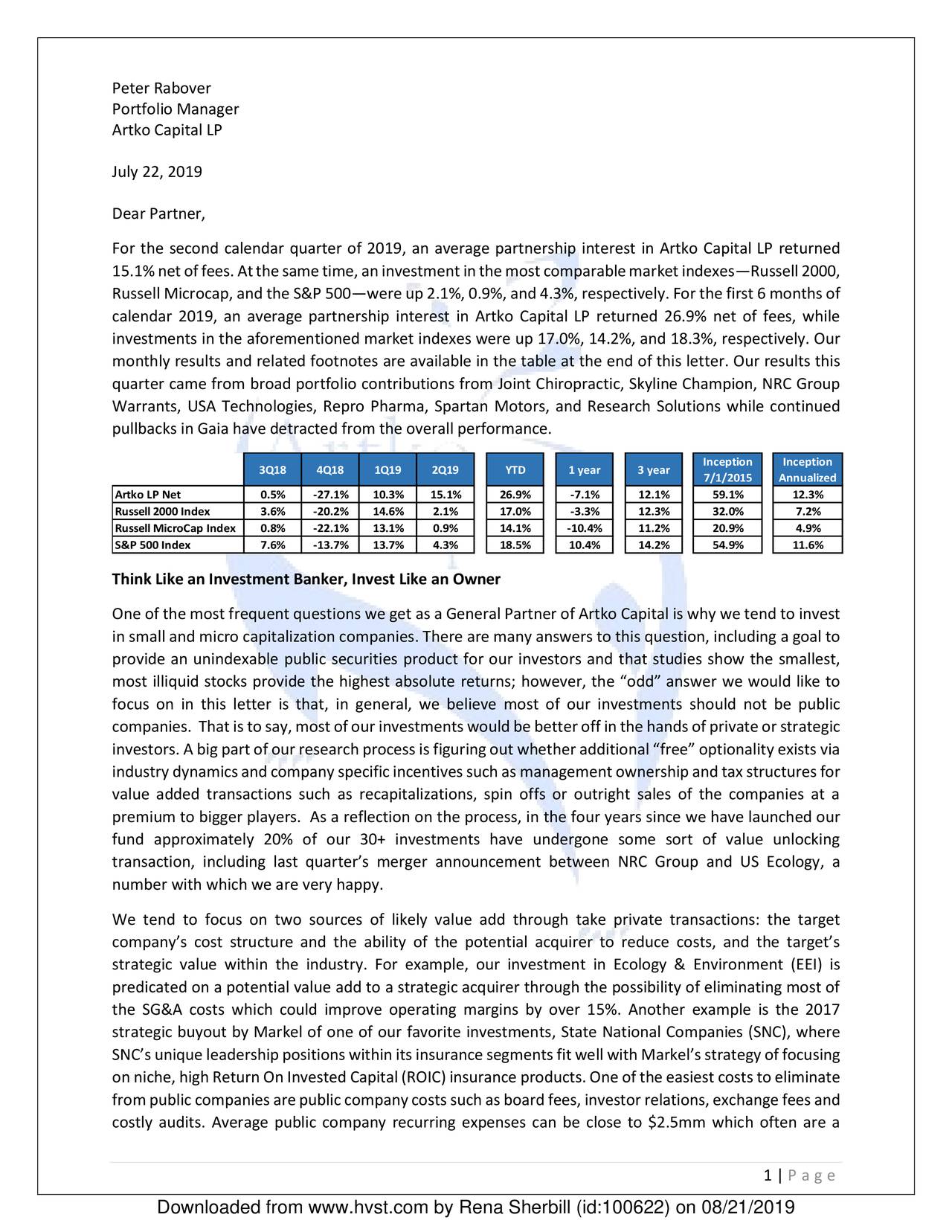 Artko Capital Q2 2019 Partner Letter Seeking Alpha