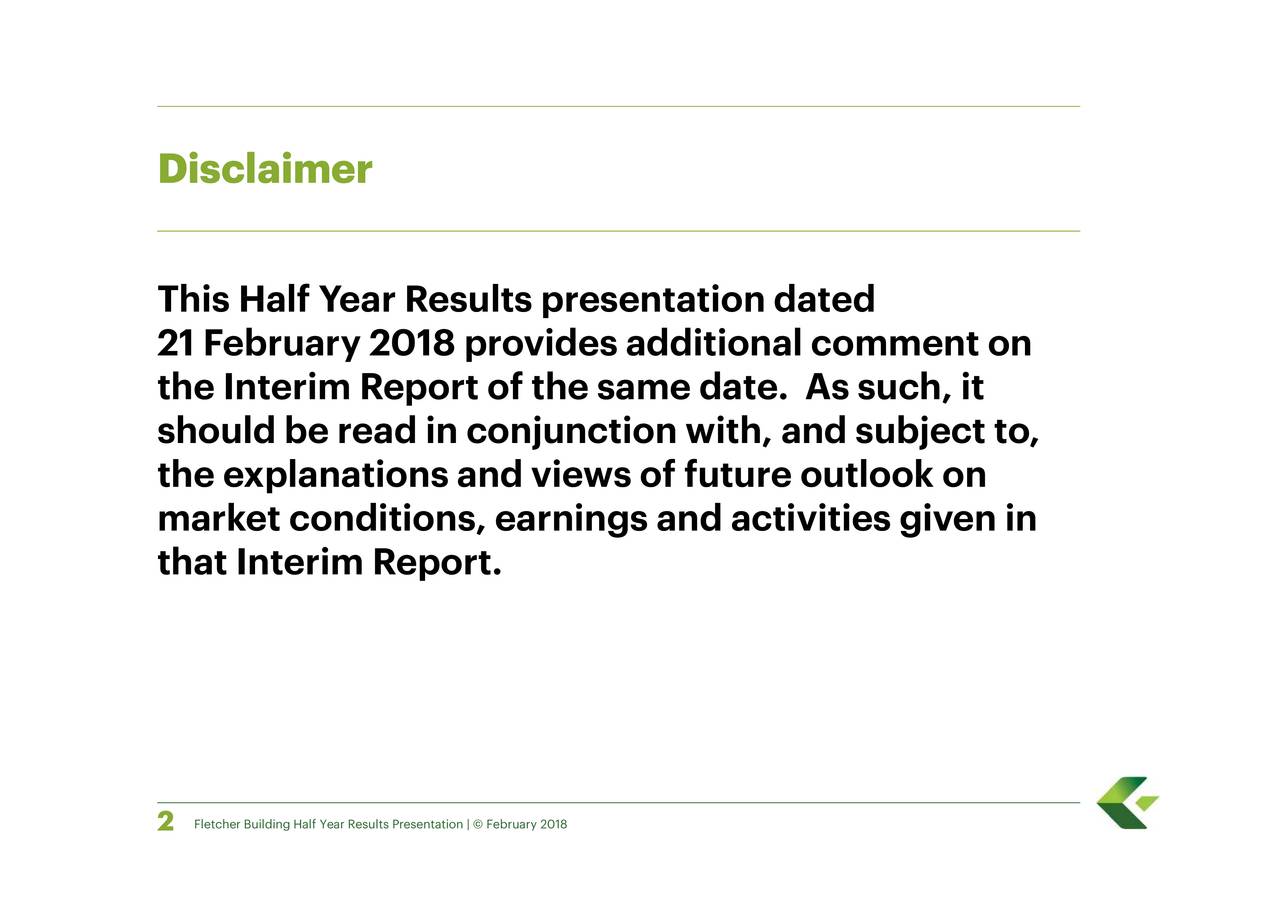 Fletcher Building Ltd. ADR 2018 Q2 Results Earnings Call Slides