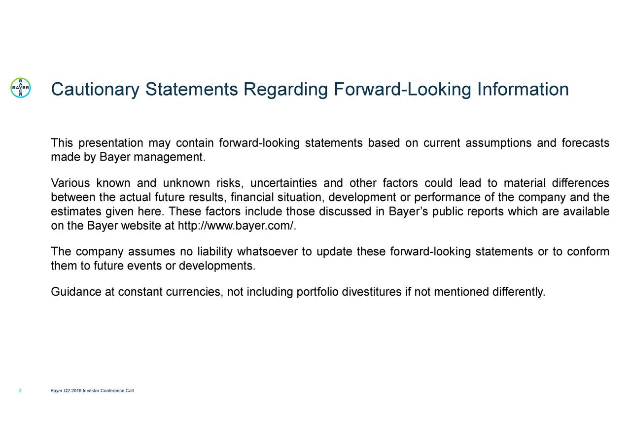 Bayer Aktiengesellschaft 2019 Q2 Results Earnings Call Slides
