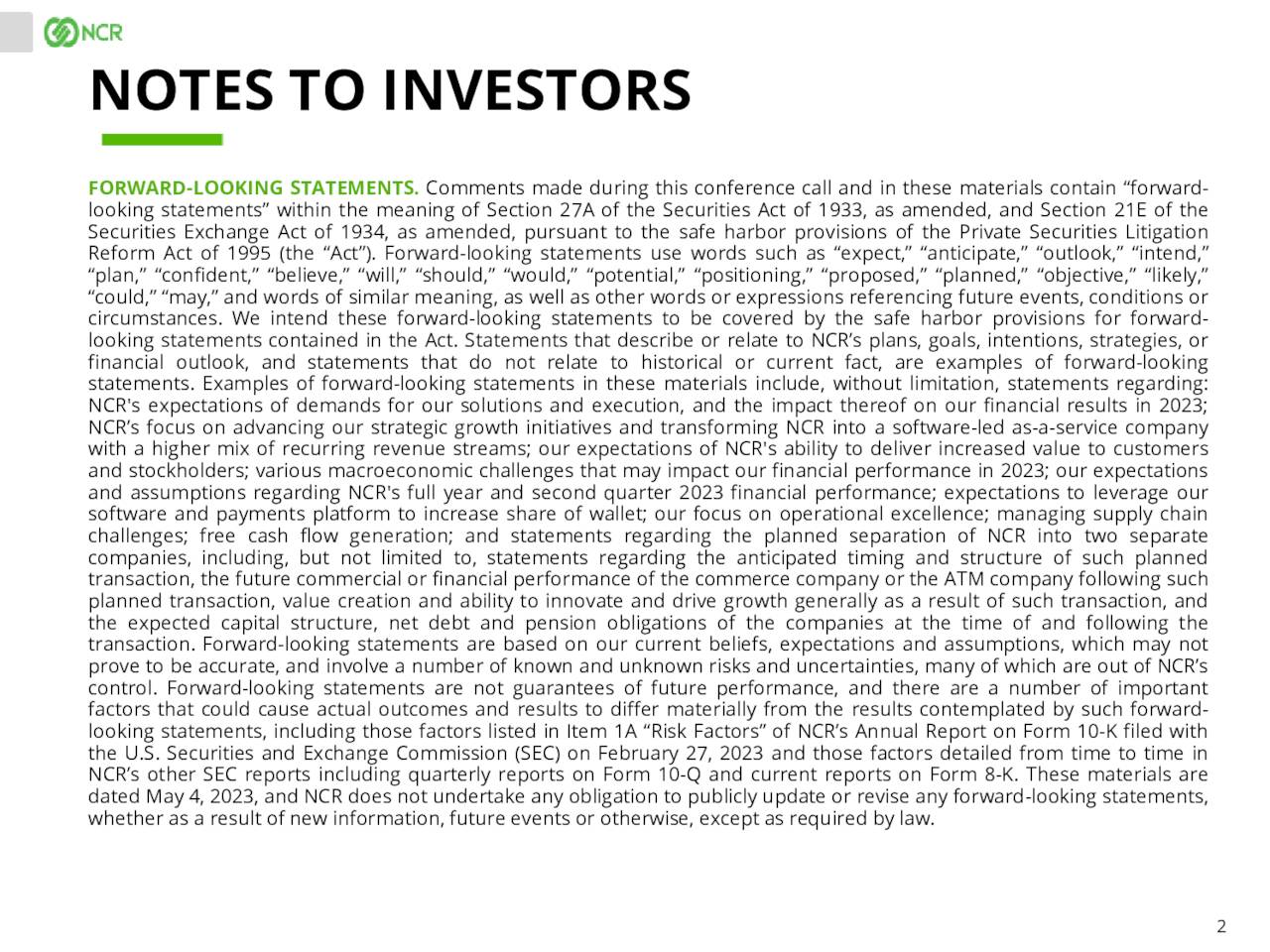 NOTES TO INVESTORS