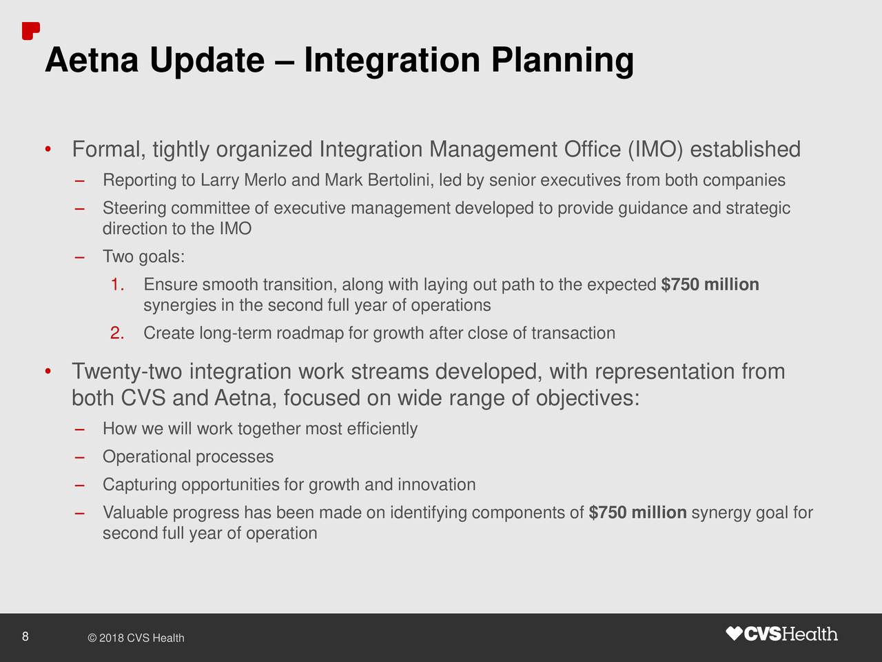 Aetna Update – Integration Planning
