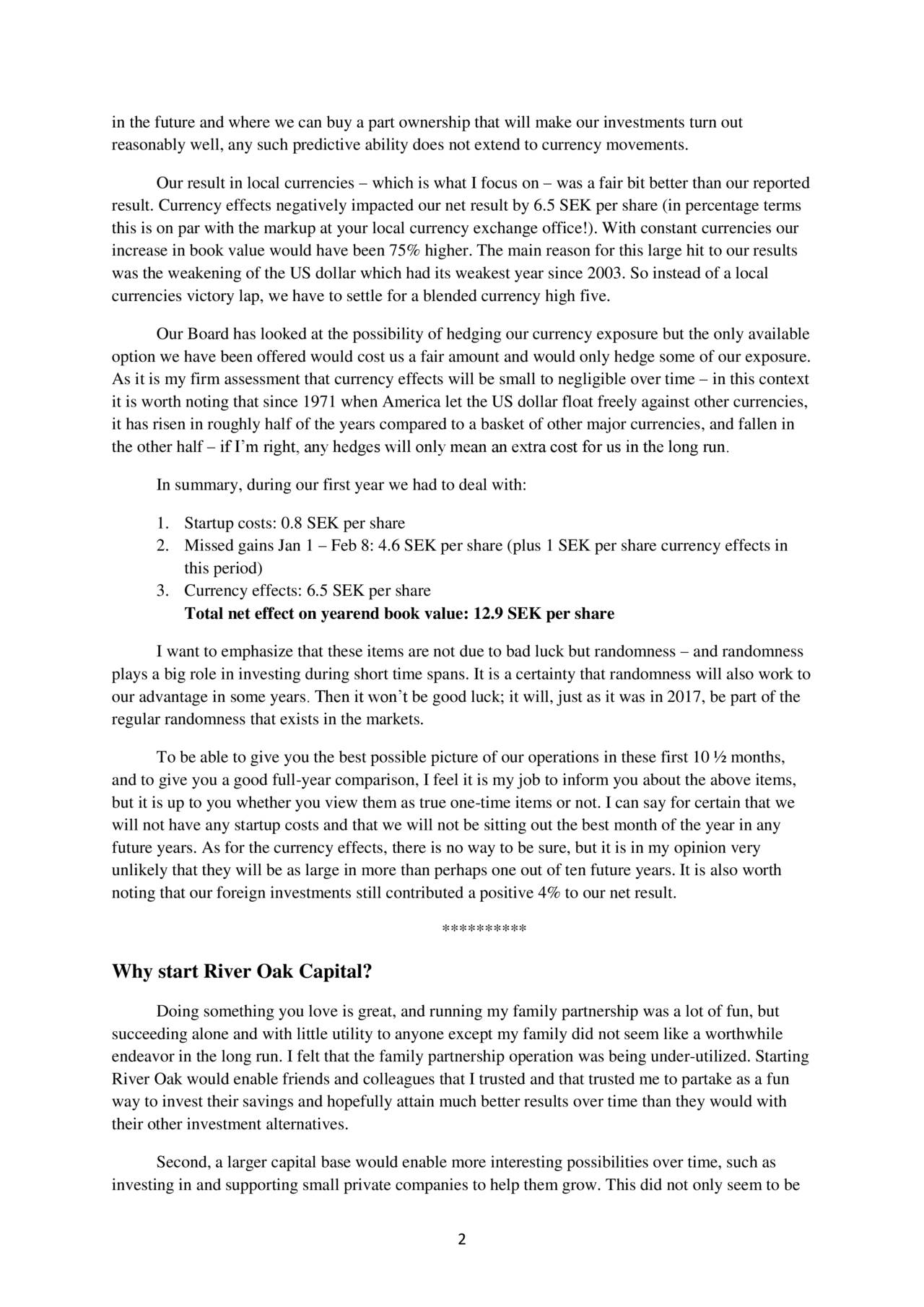 River Oak Capital 2017 Letter To Shareholders Fiat