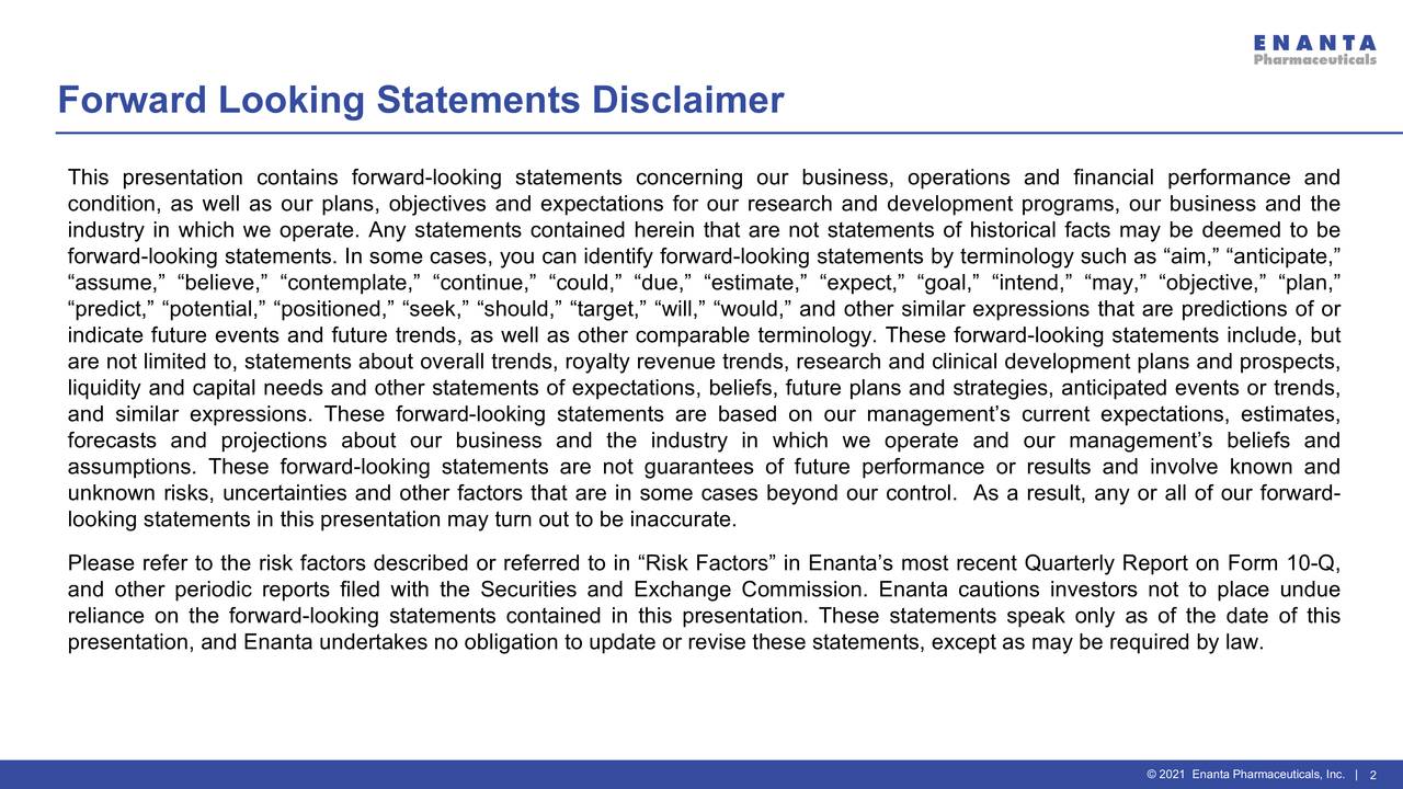 Forward Looking Statements Disclaimer