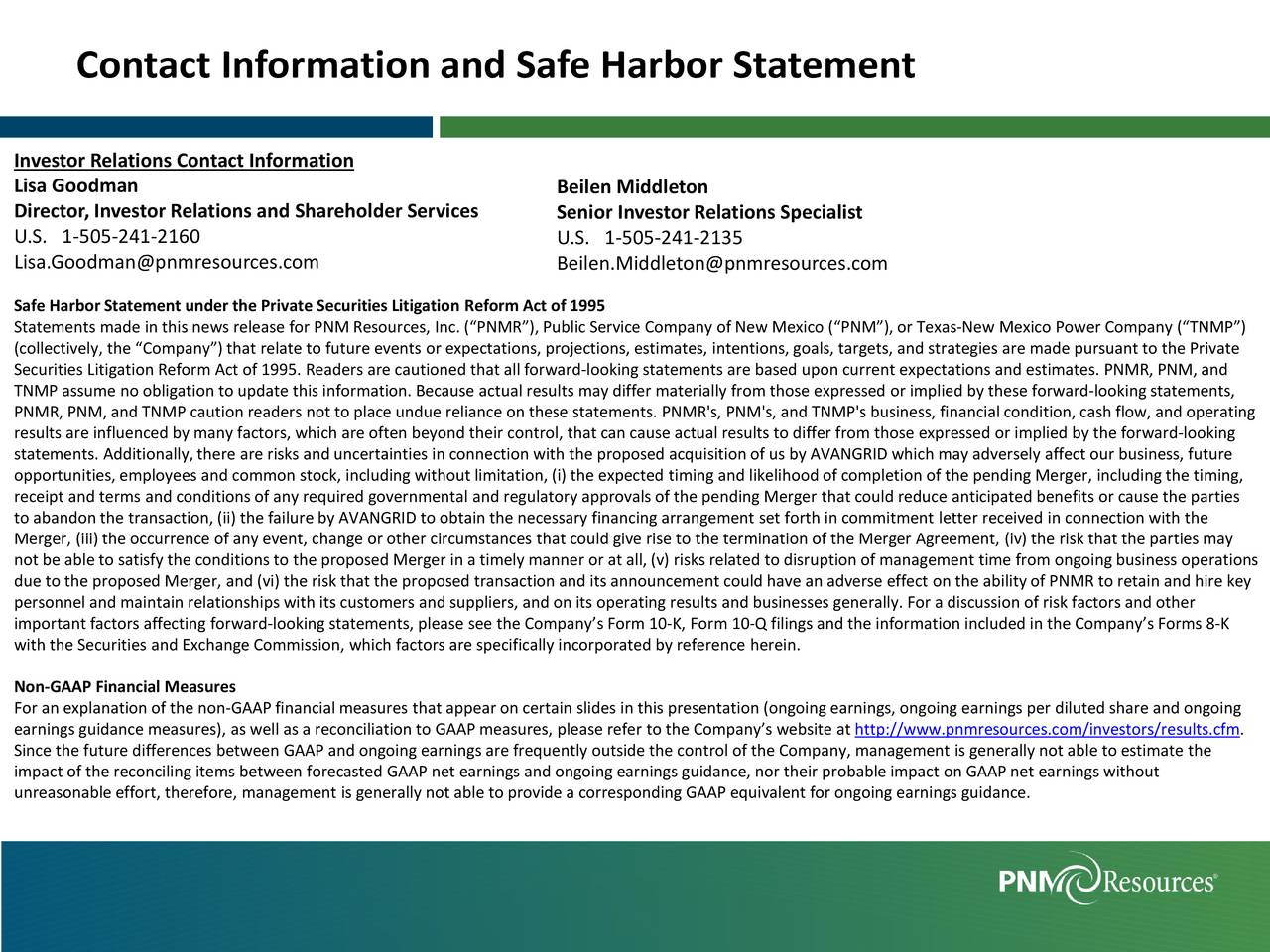 Contact Information and Safe Harbor Statement
