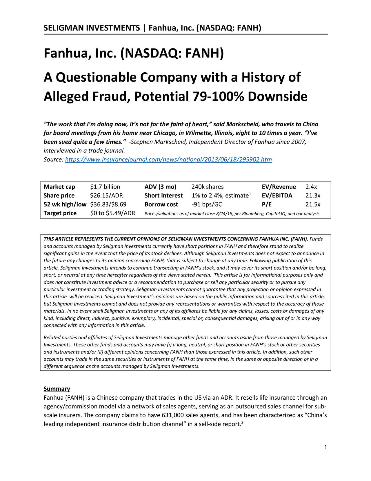 Fanhua, Inc.: A Questionable Company With A History Of Alleged Fraud, Potential 79-100 ...