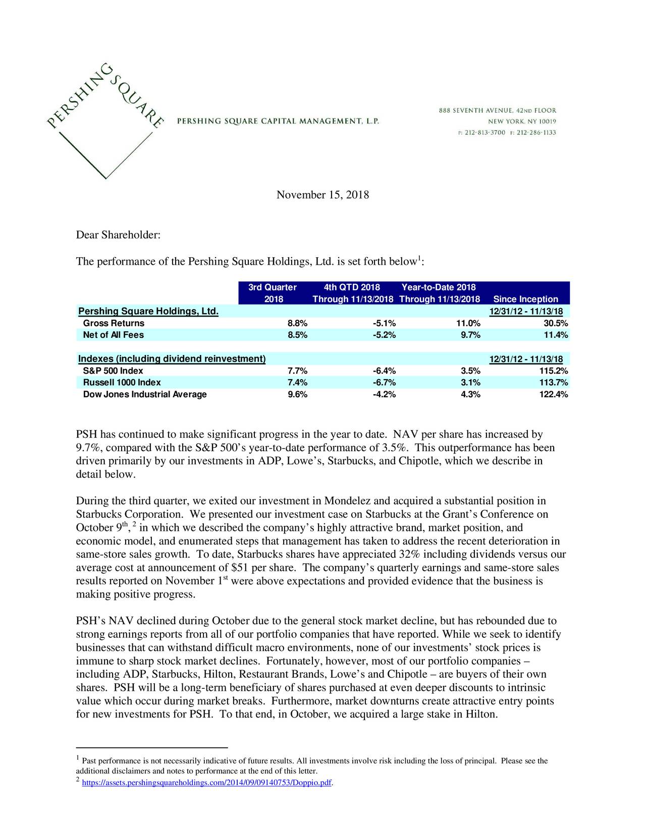 Pershing Square Holdings (Bill Ackman) Q3 2018 Investor Letter (NASDAQ ...