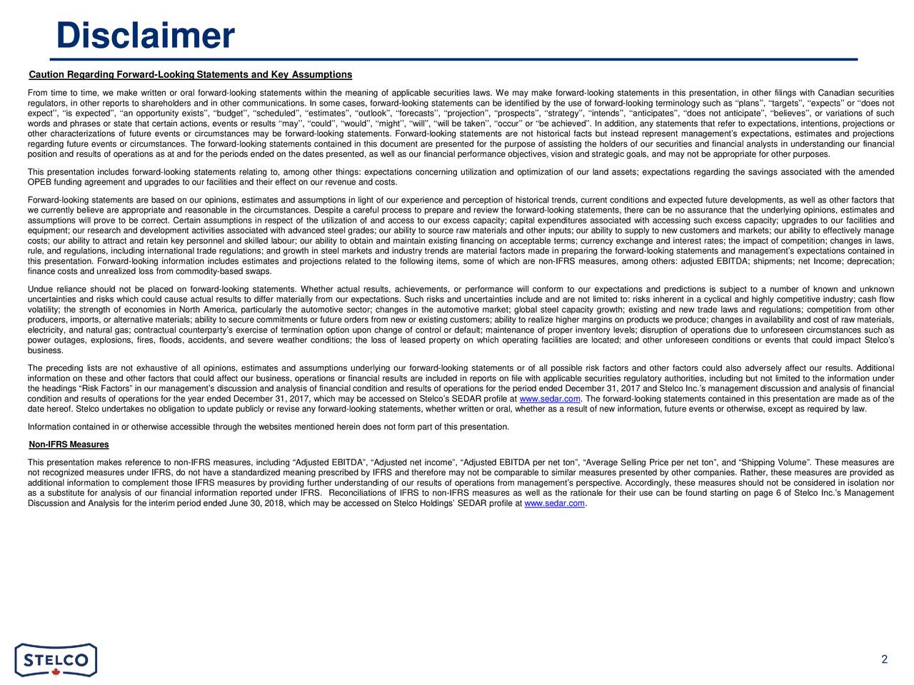 Stelco Holdings Inc. 2018 Q2 Results Earnings Call Slides (OTCMKTSSTZHF) Seeking Alpha