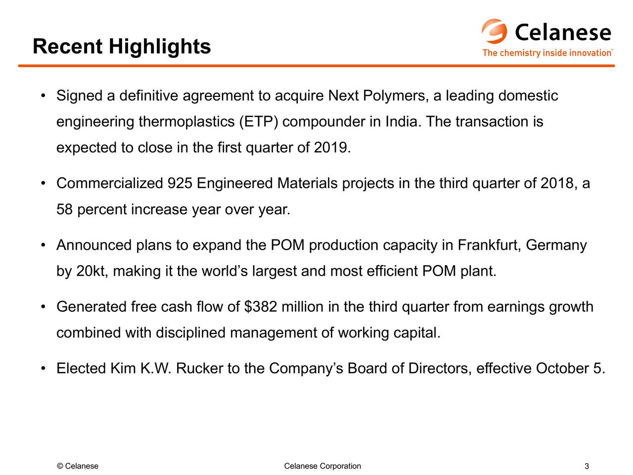 Celanese Corporation 2018 Q3 Results - Earnings Call Slides (NYSE:CE) | Seeking Alpha