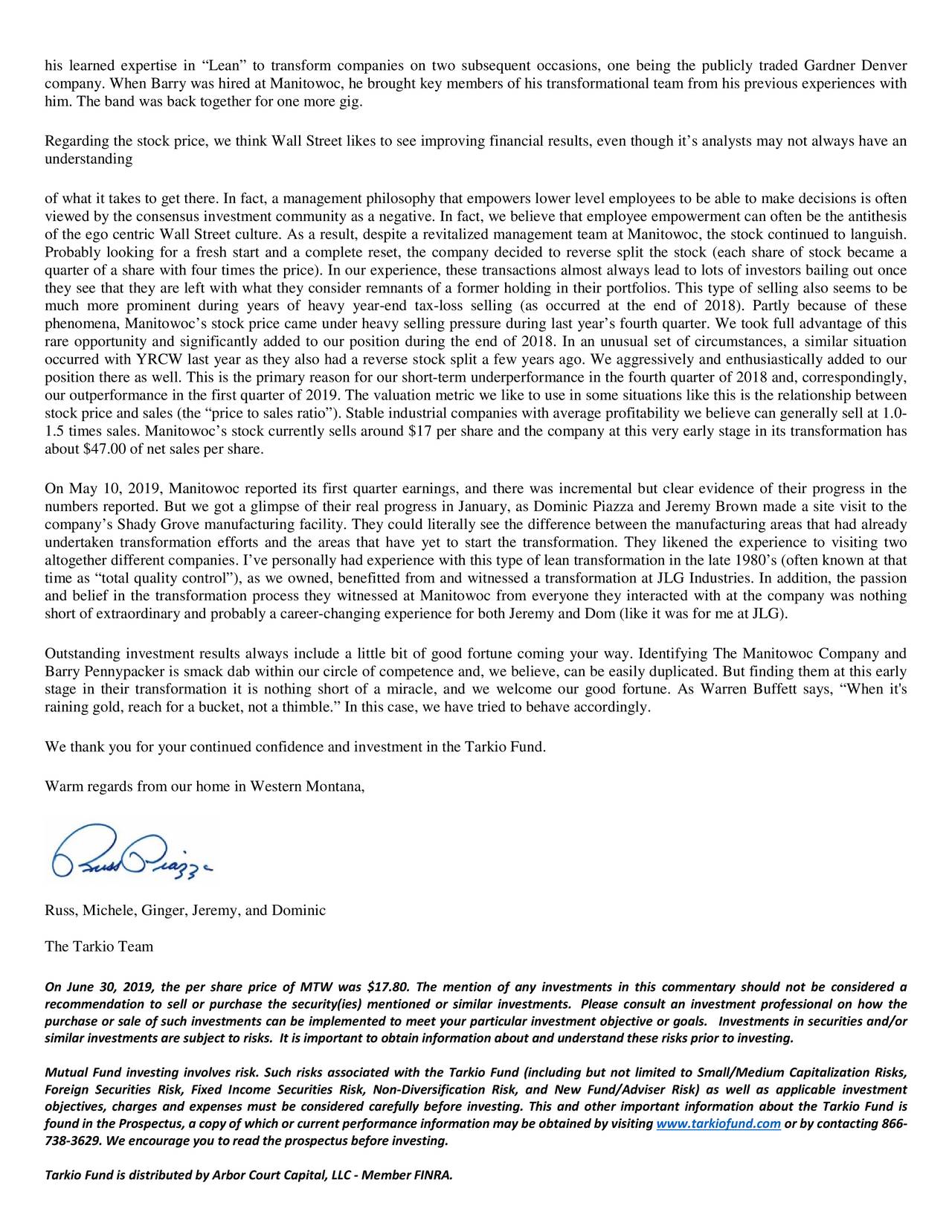 Tarkio Fund Q2 2019 Shareholder Letter Manitowoc Cranes (MUTFTARKX