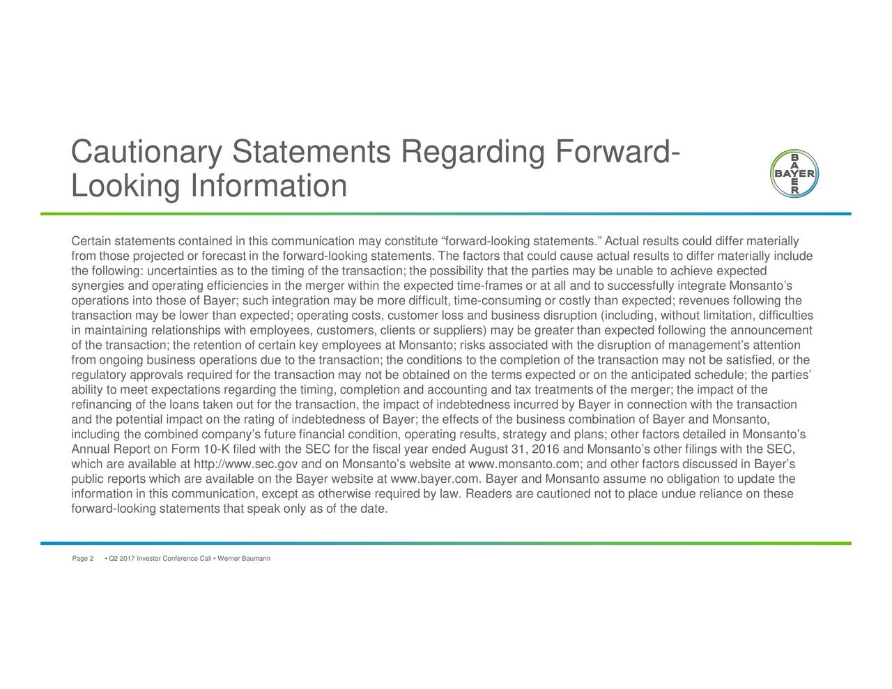 Bayer A.G. 2017 Q2 Results Earnings Call Slides (OTCMKTSBAYZF