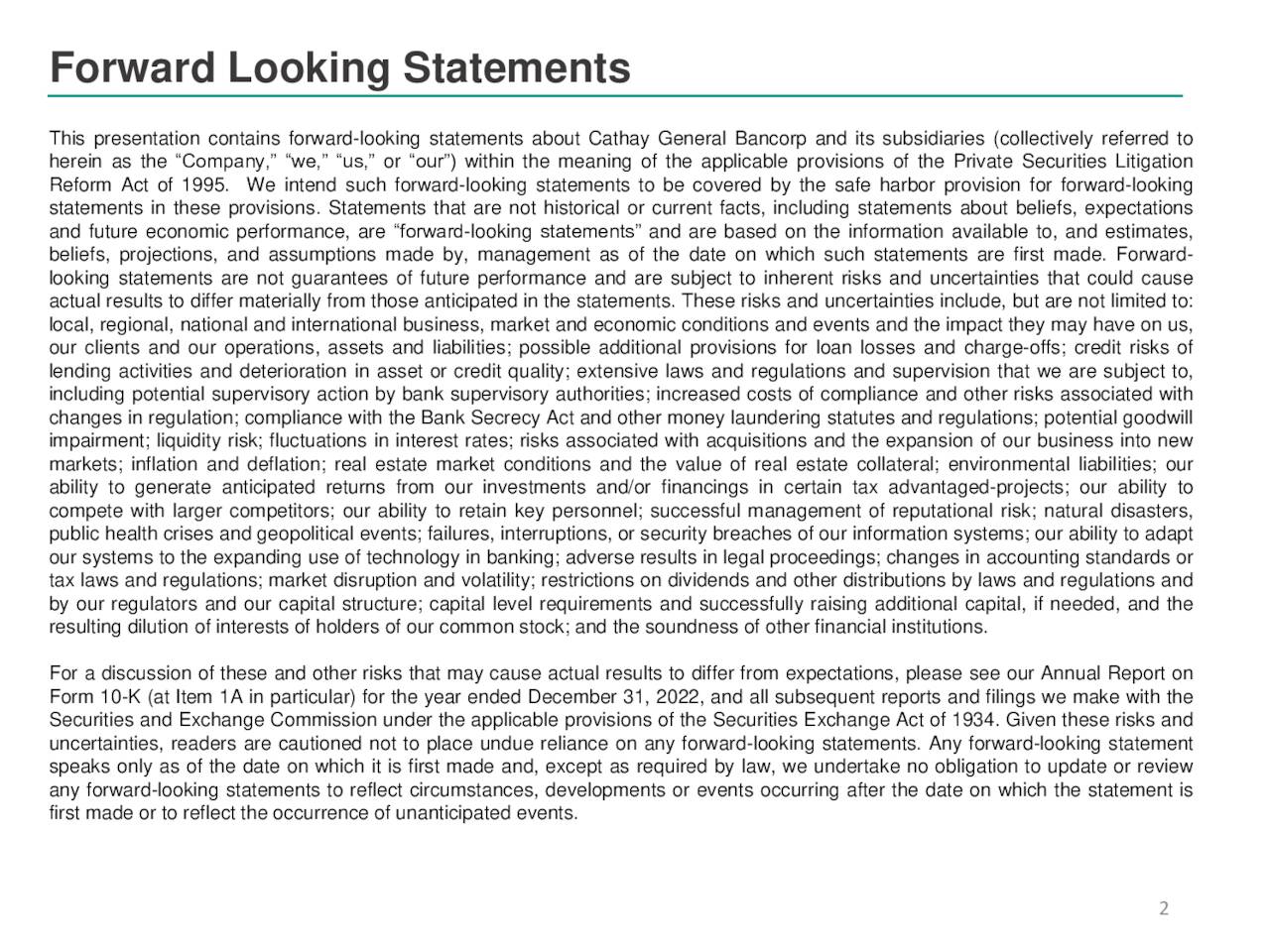Forward Looking Statements