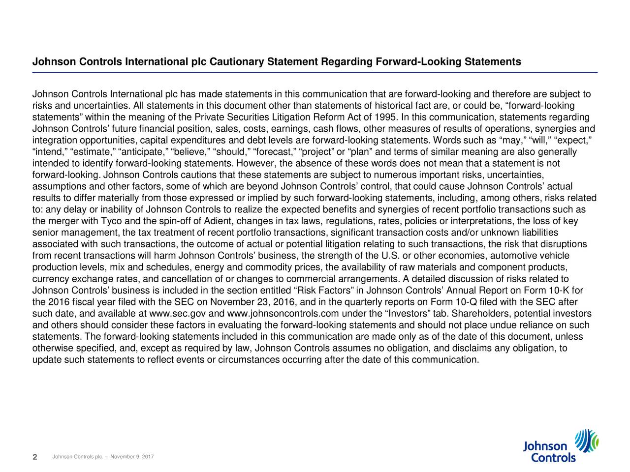 Johnson Controls International plc 2017 Q4 Results Earnings Call