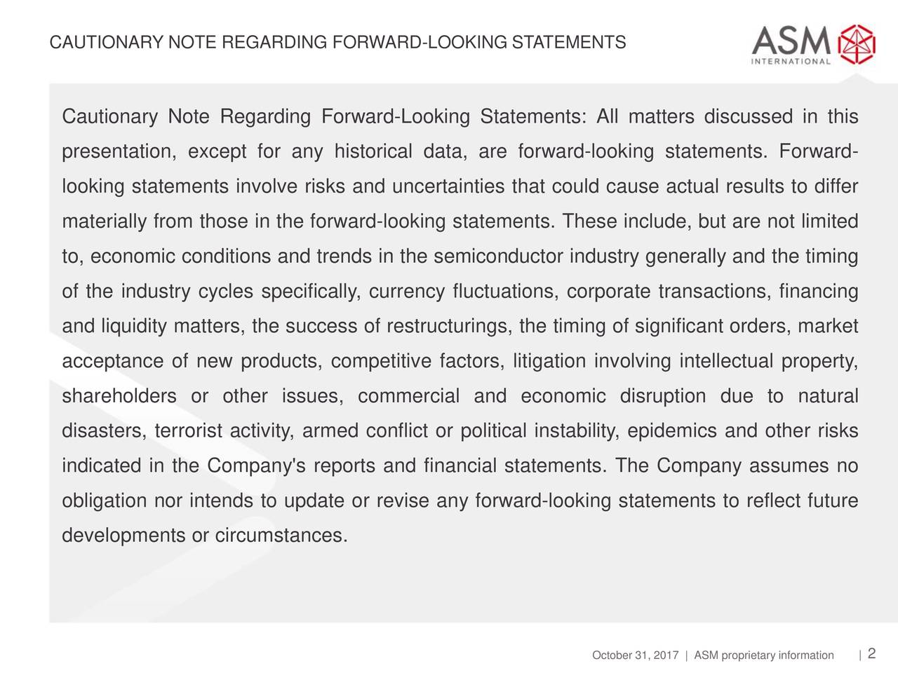 CAUTIONARY NOTE REGARDING FORWARD-LOOKING STATEMENTS