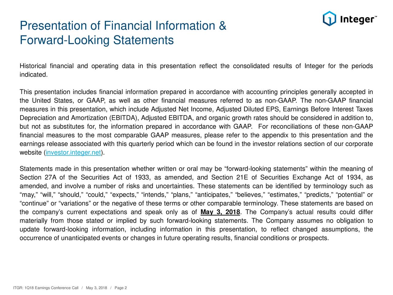 Presentation of Financial Information &