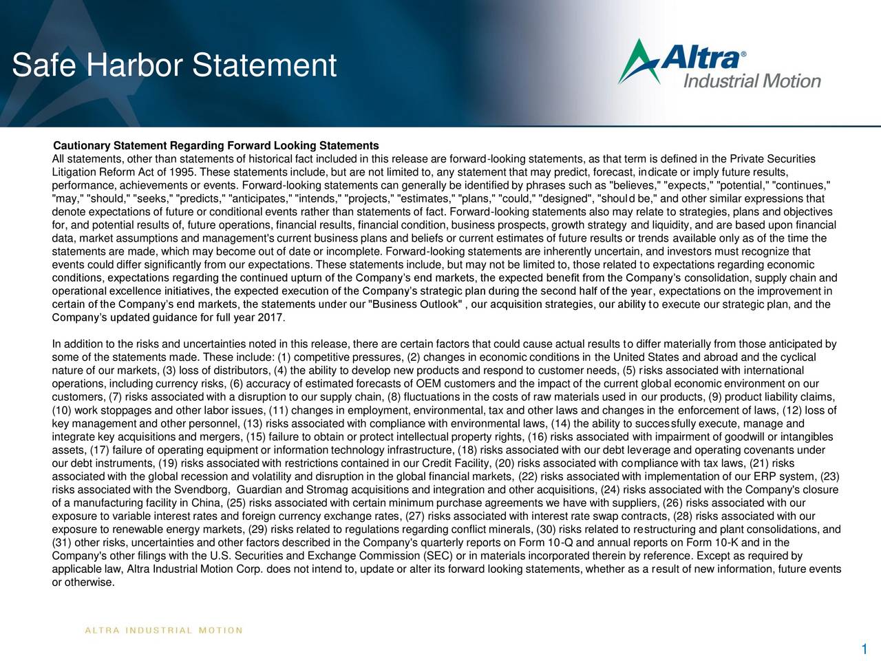 Altra Industrial Motion Corp. 2017 Q2 Results Earnings Call Slides