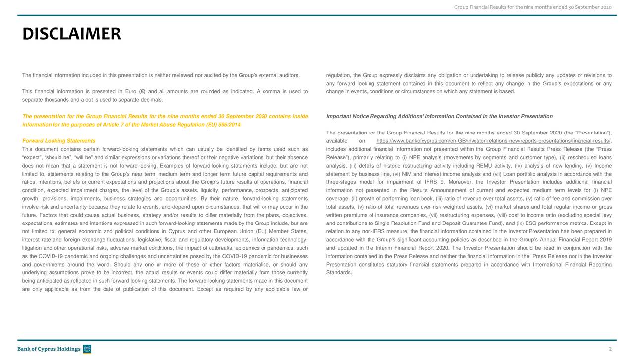 Group FinancialResults for the nine months ended 30September 2020