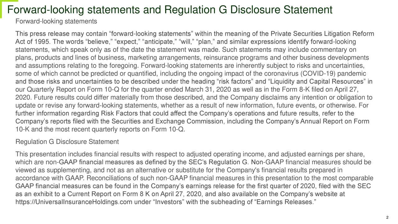 Forward-looking statements and Regulation G Disclosure Statement