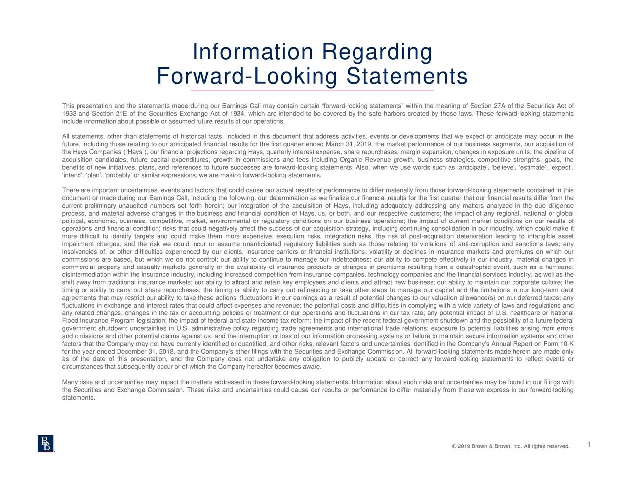 Brown & Brown, Inc. 2019 Q1 Results Earnings Call Slides (NYSEBRO