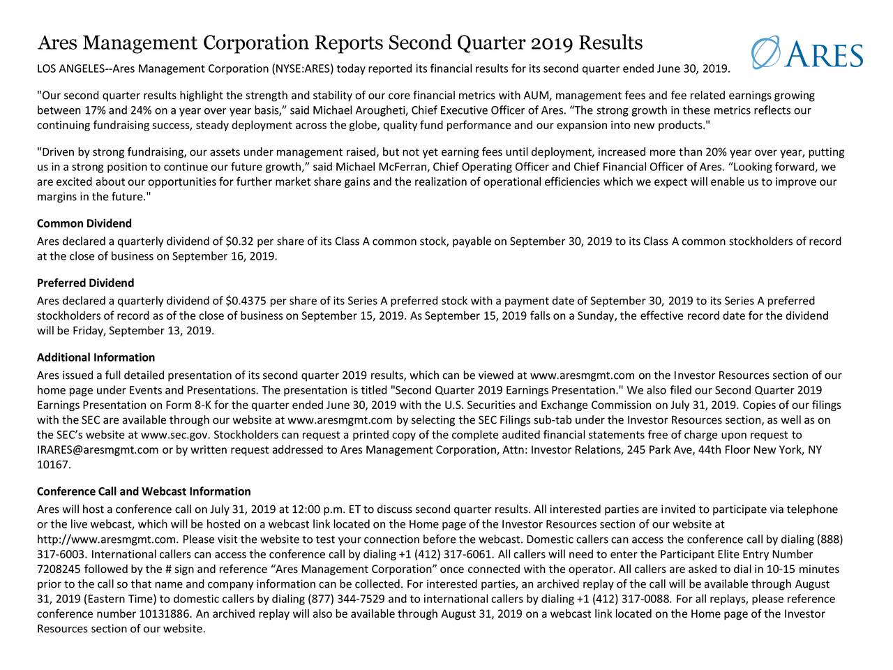 Ares Management Corporation 2019 Q2 - Results - Earnings Call Slides ...