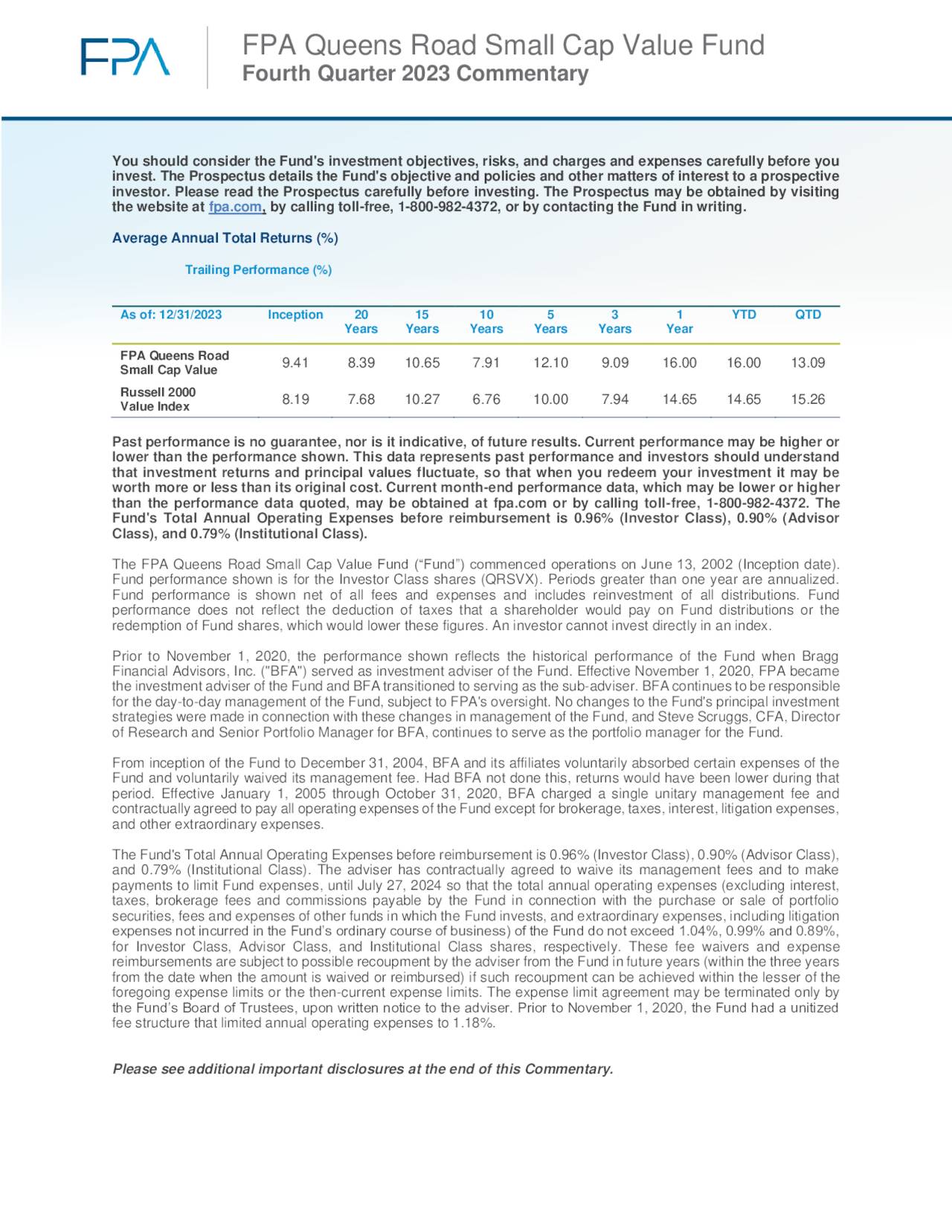 FPA Queens Road Small Cap Value Fund Fourth Quarter 2023 Commentary