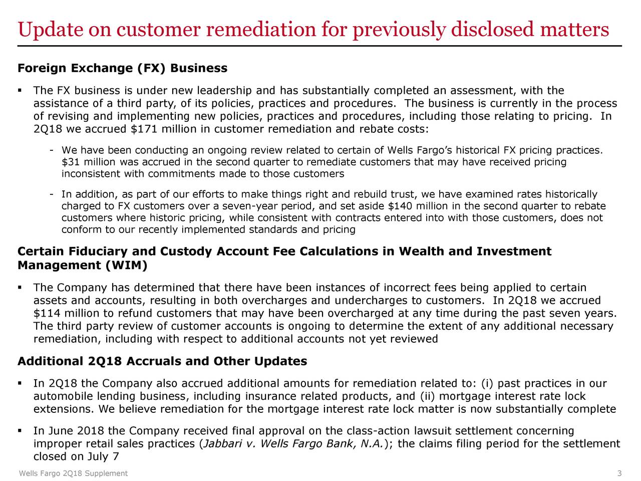 Update on customer remediation for previously disclosed matters