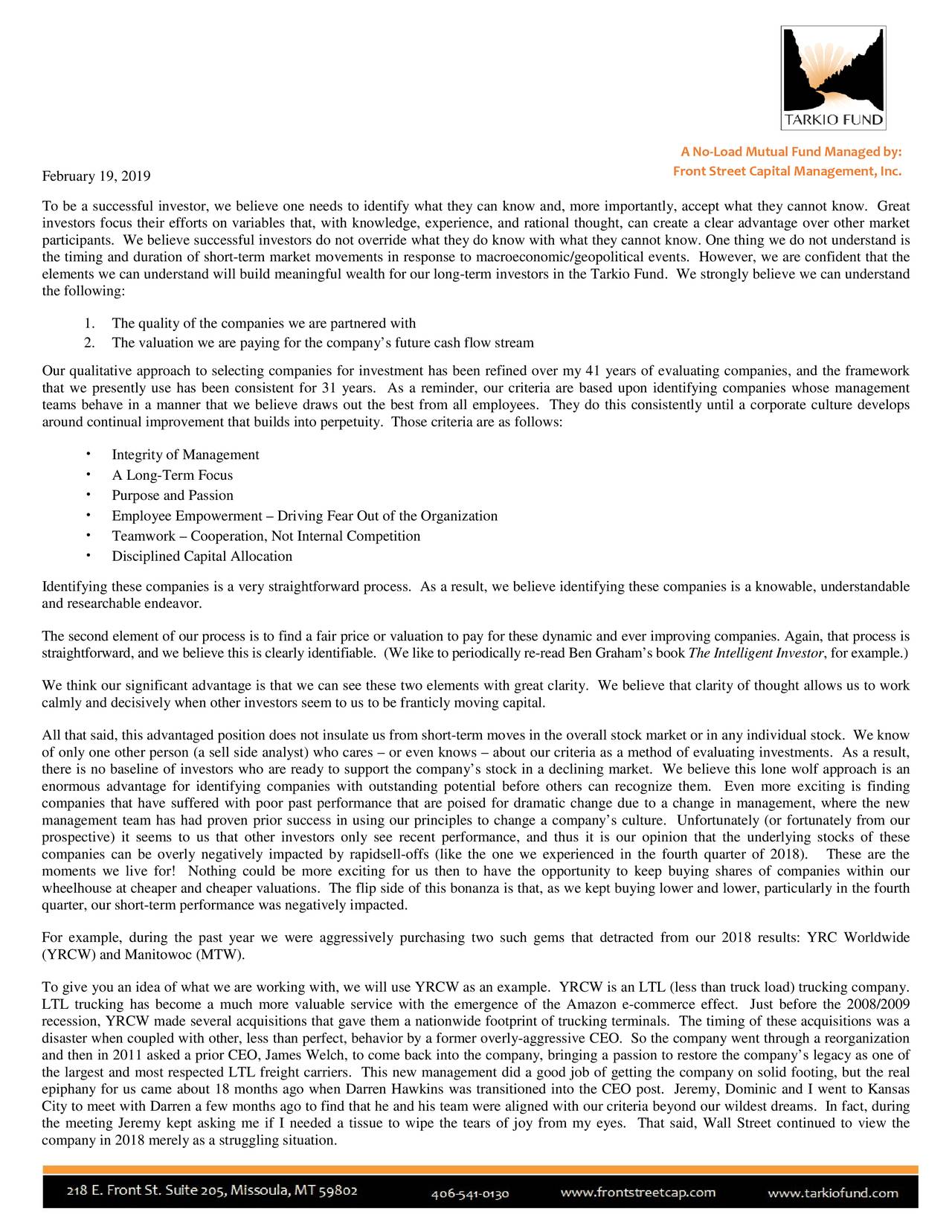 Tarkio Fund Q1 2019 Shareholder Letter (MUTFTARKX) Seeking Alpha
