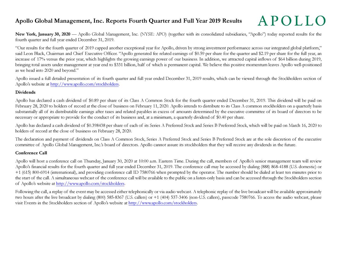 Apollo Global Management, Inc. 2019 Q4 - Results - Earnings Call ...